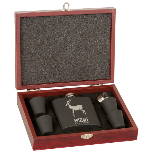 Personalized Laser Engraved 6 oz. Matte Black  Stainless Steel Flask Set in Wood Presentation Box