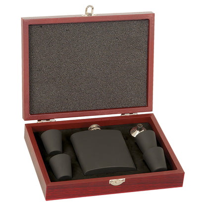 Personalized Laser Engraved  6 oz. Matte Black Flask Set in Rosewood Finish Box w/4 Shot Glasses & Funnel