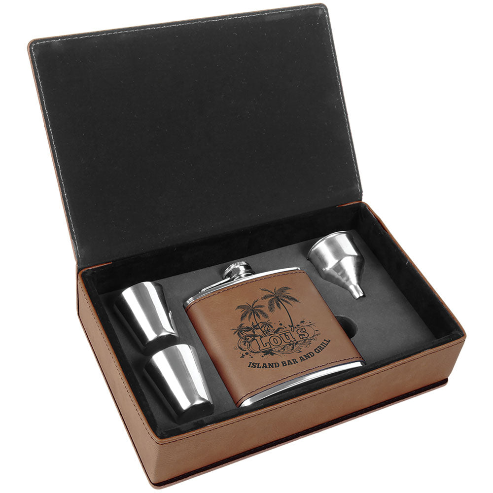 Personalized Laser Engraved 6 oz. Dark Brown  Leatherette Flask Gift Set