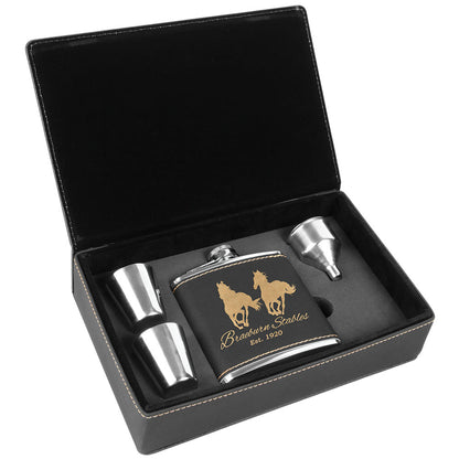 Personalized Laser Engraved 6 oz. Black/Gold  Leatherette Flask Gift Set