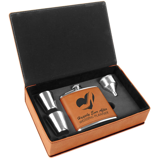 Personalized Laser Engraved 6 oz. Rawhide  Leatherette Flask Gift Set