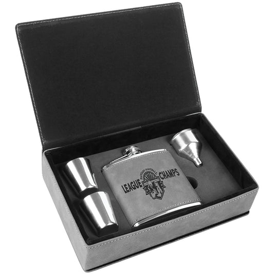 Personalized Laser Engraved 6 oz. Gray  Leatherette Flask Gift Set