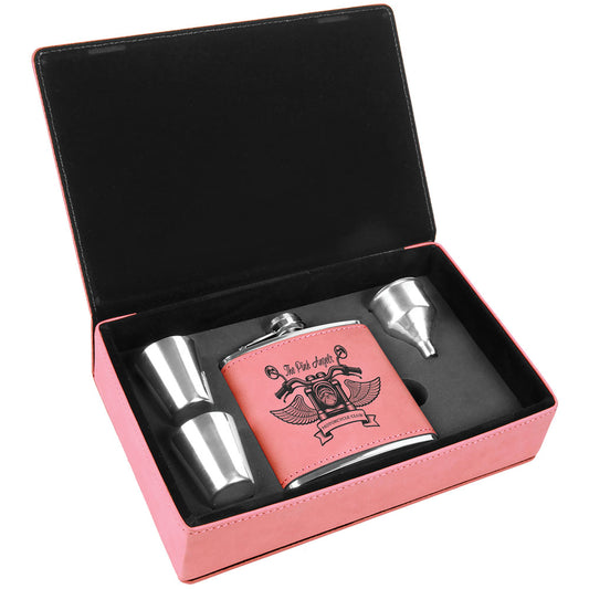 Personalized Laser Engraved 6 oz. Pink  Leatherette Flask Gift Set