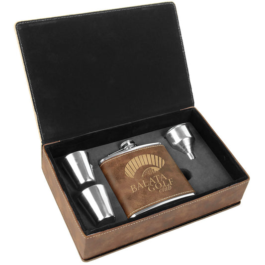 Personalized Laser Engraved 6 oz. Rustic/Gold  Leatherette Flask Gift Set