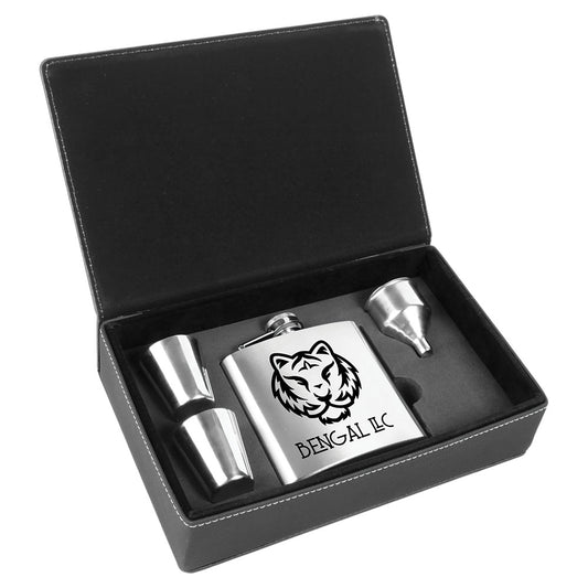 Personalized Laser Engraved 6 oz. Stainless Steel Flask Set in Black/Silver  Leatherette Box