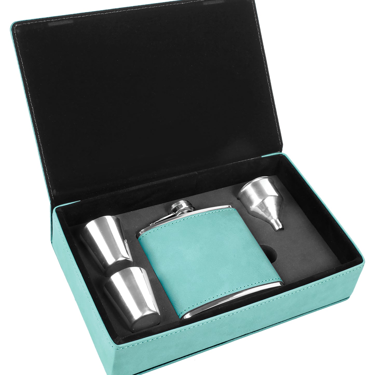 Personalized Laser Engraved  Teal 6 oz. Leatherette Flask Set