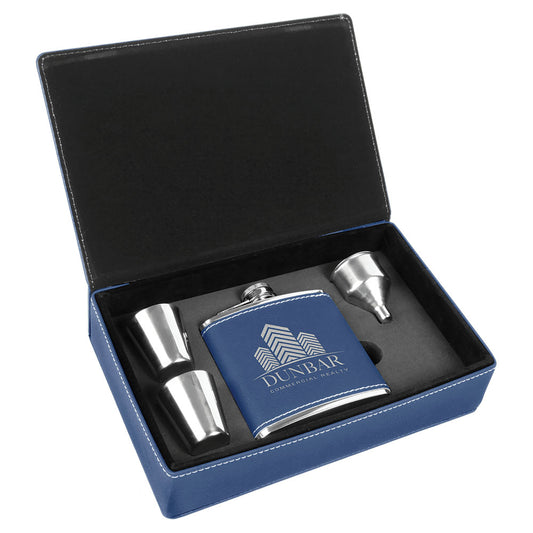  Personalized Laser Engraved 6 oz. Blue/Silver Leatherette Flask Gift Set