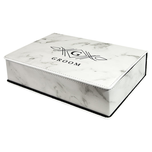 Personalized Laser Engraved  White Marble 6 oz. Leatherette Flask Set