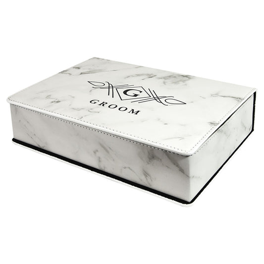 Personalized Laser Engraved 6 oz. White Marble  Leatherette Flask Gift Set