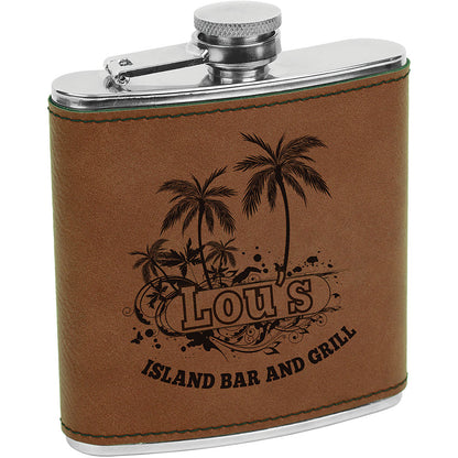 Personalized Laser Engraved 6 oz. Dark Brown  Leatherette Stainless Steel Flask