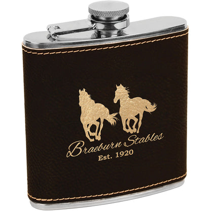 Personalized Laser Engraved 6 oz. Black/Gold  Leatherette Stainless Steel Flask