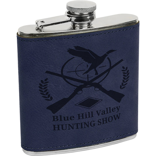 Personalized Laser Engraved 6 oz. Blue/Black  Leatherette Stainless Steel Flask