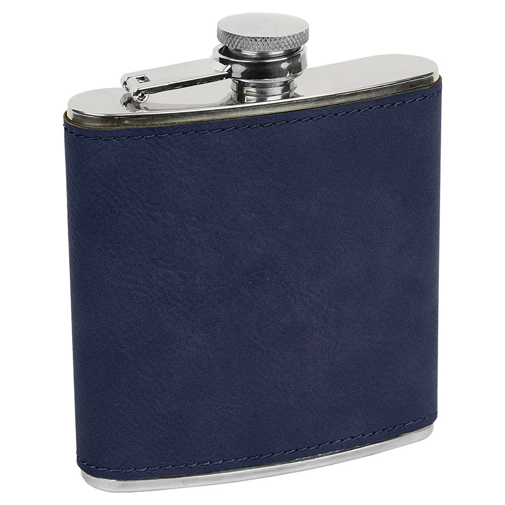 Personalized Laser Engraved 6 oz. Blue/Black  Leatherette Stainless Steel Flask