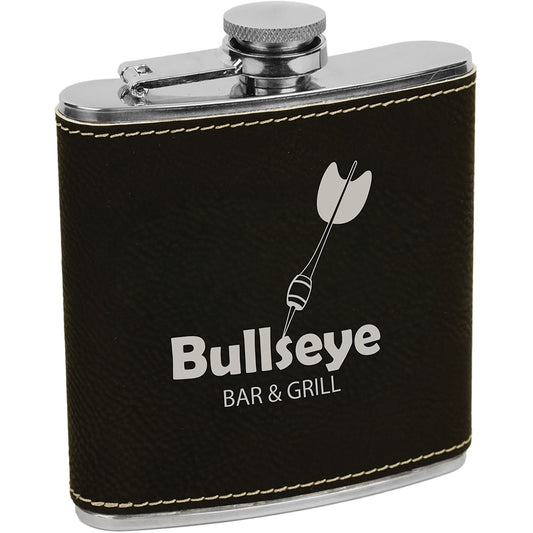 Personalized Laser Engraved 6 oz. Black/Silver  Leatherette Stainless Steel Flask