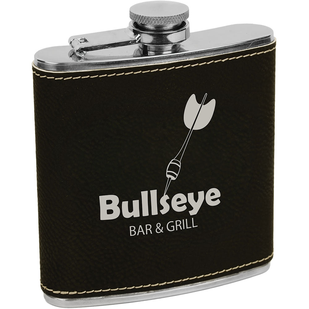  Personalized Laser Engraved 6 oz. Black/Silver Leatherette Stainless Steel Flask