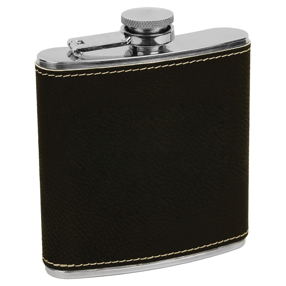 Personalized Laser Engraved 6 oz. Black/Silver  Leatherette Stainless Steel Flask