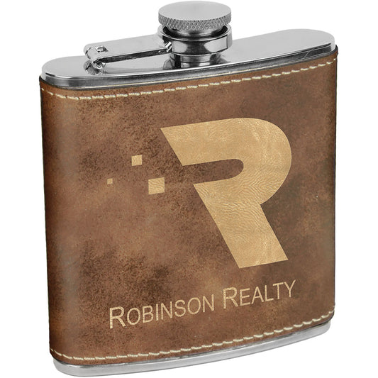 Personalized Laser Engraved 6 oz. Rustic/Gold  Leatherette Stainless Steel Flask