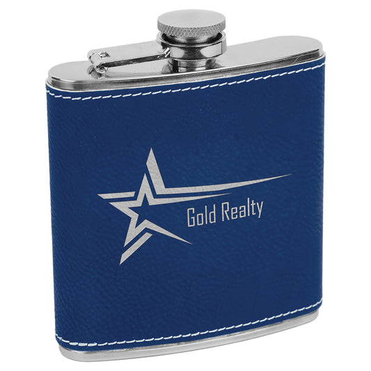 Personalized Laser Engraved  Blue/Sliver Leatherette 6 oz. Flask