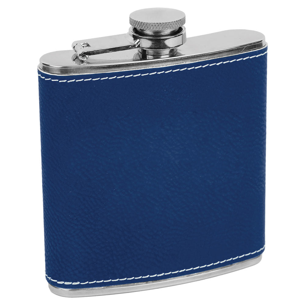 Personalized Laser Engraved 6 oz. Blue/Silver  Leatherette Stainless Steel Flask