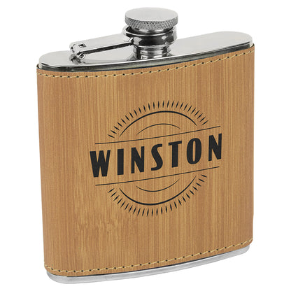  Personalized Laser Engraved 6 oz. Bamboo Leatherette Stainless Steel Flask