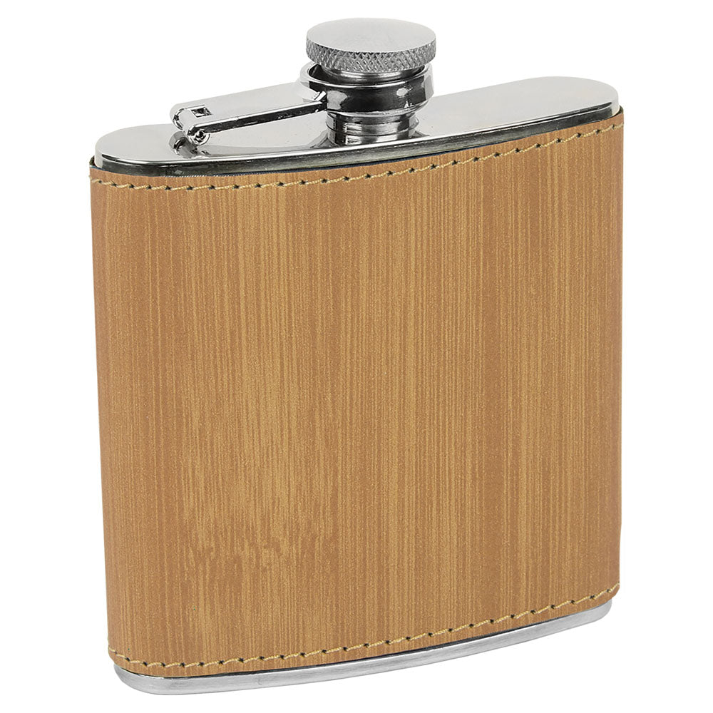 Personalized Laser Engraved 6 oz. Bamboo  Leatherette Stainless Steel Flask