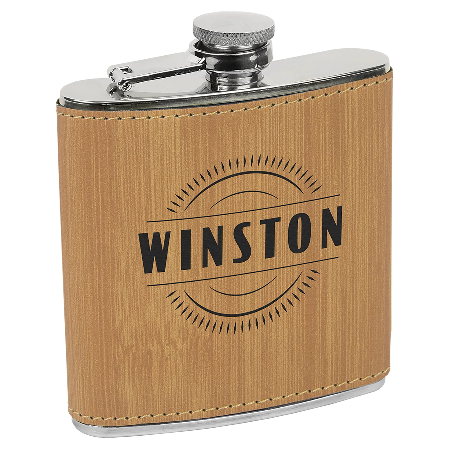 Personalized Laser Engraved 6 oz. Bamboo  Leatherette Stainless Steel Flask