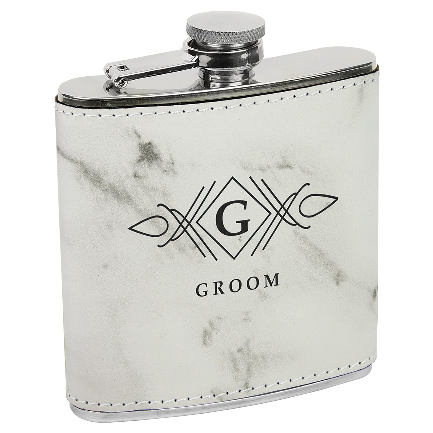 Personalized Laser Engraved  White Marble Leatherette 6 oz. Flask