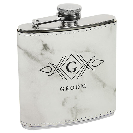 Personalized Laser Engraved 6 oz.White Marble  Leatherette Stainless Steel Flask