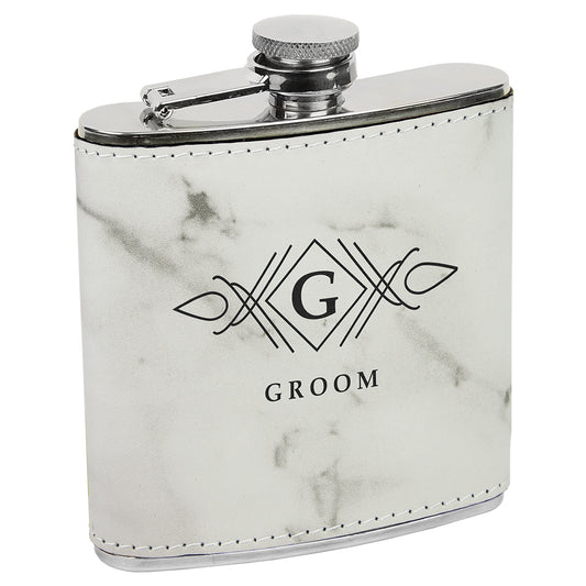  Personalized Laser Engraved 6 oz.White Marble Leatherette Stainless Steel Flask