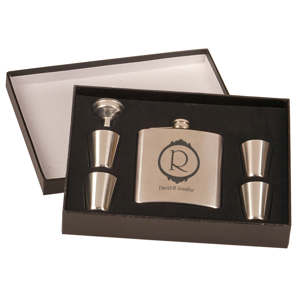 Personalized Laser Engraved 6 oz. Stainless Steel Flask Set in Black Presentation Box