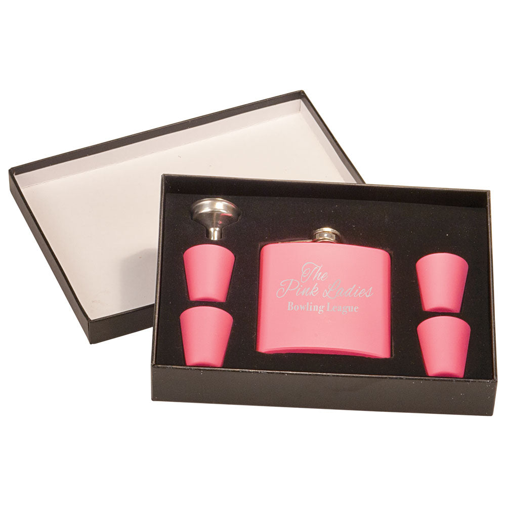 Personalized Laser Engraved 6 oz. Matte Pink Flask Set in Black Presentation Box