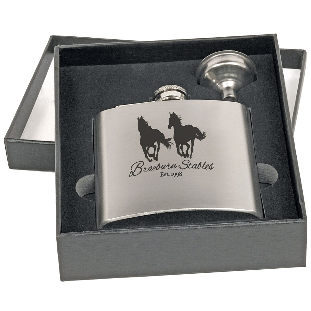 Personalized Laser Engraved 6 oz. Stainless Steel Flask Set in Black Presentation Box