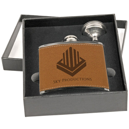 Personalized Laser Engraved 6 oz. Leather Flask Set in Black Presentation Box