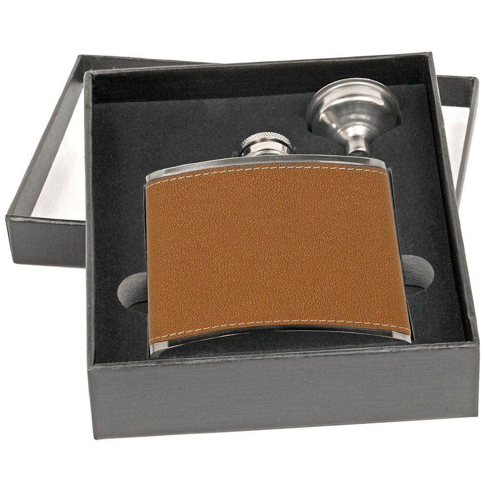 Personalized Laser Engraved 6 oz. Leather Flask Set in Black Presentation Box