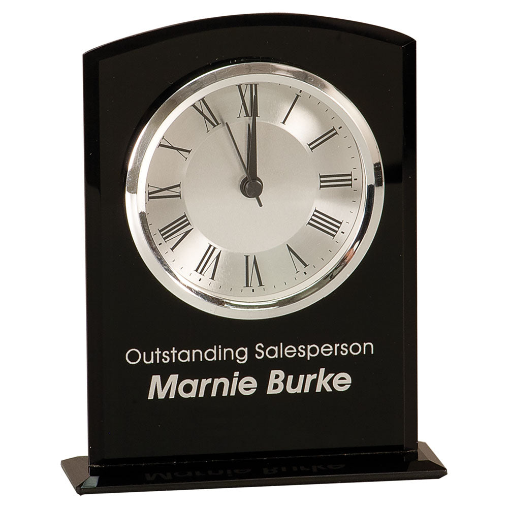 Personalized Laser Engraved 6 1/4" Black Glass Arch Clock with Base