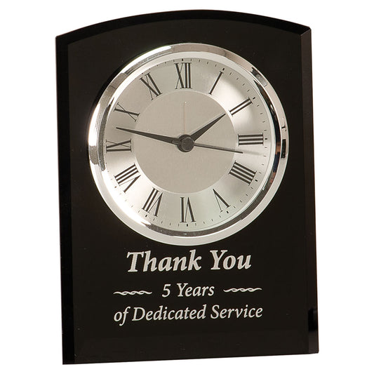 Personalized Laser Engraved 6" Black Glass Arch Clock, Self-Standing