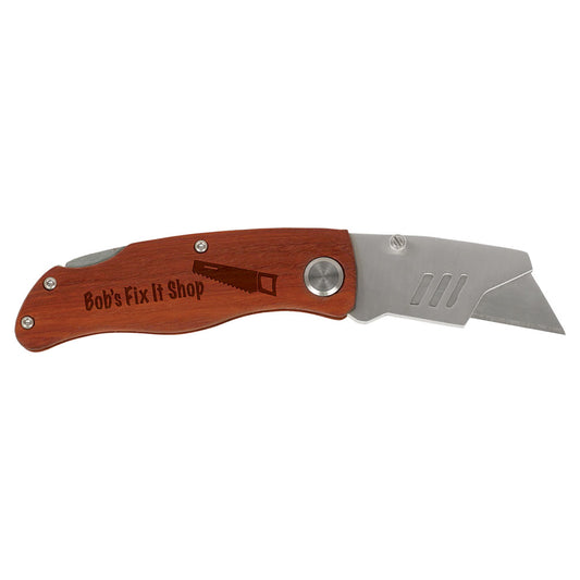 Personalized Laser Engraved 4" Wood Handle Utility Knife