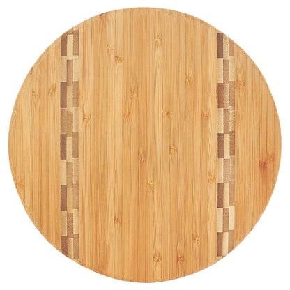 Personalized Laser Engraved 9 3/4" Round Bamboo Cutting Board with Butcher Block Inlay