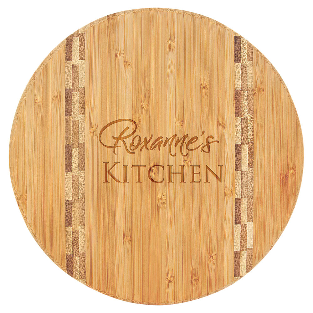 Personalized Laser Engraved 9 3/4" Round Bamboo Cutting Board with Butcher Block Inlay