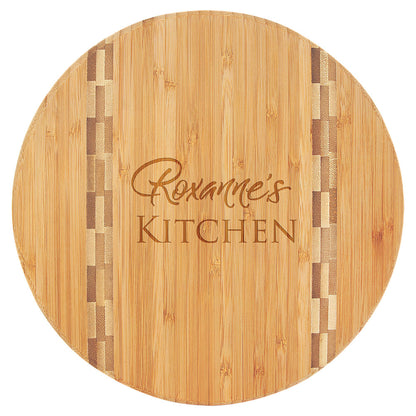 Personalized Laser Engraved 9 3/4" Round Bamboo Cutting Board with Butcher Block Inlay