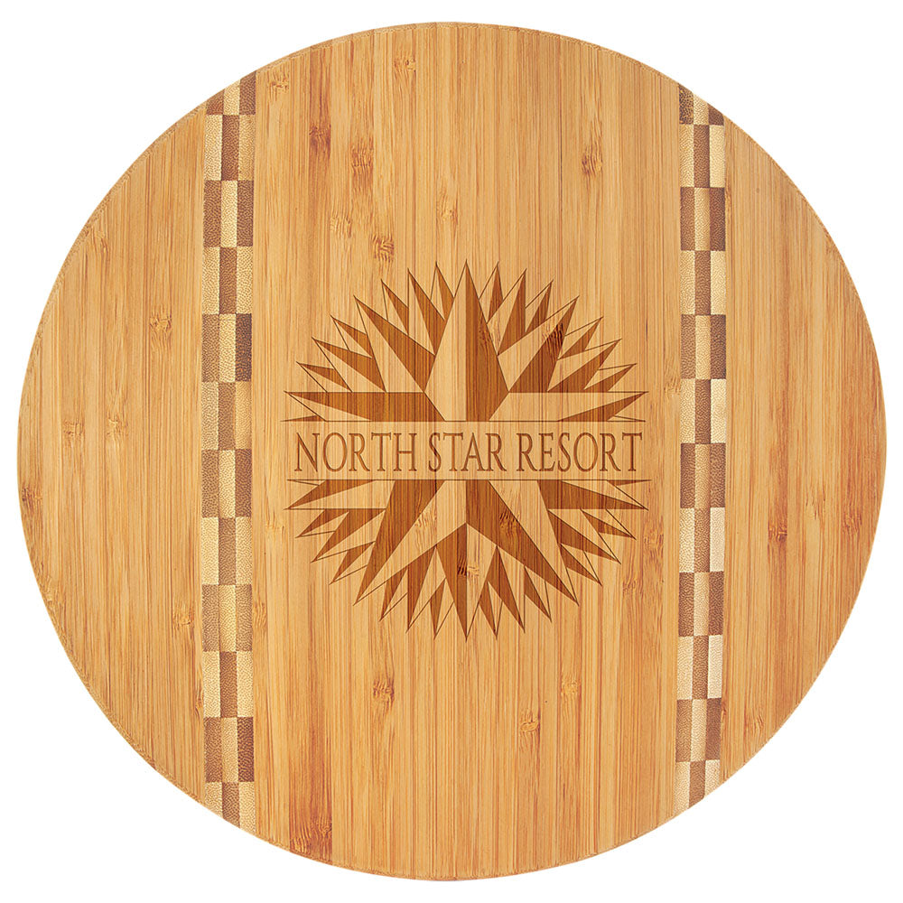 Personalized Laser Engraved 9 3/4" Round Bamboo Cutting Board with Butcher Block Inlay