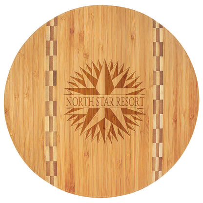 Personalized Laser Engraved 9 3/4" Round Bamboo Cutting Board with Butcher Block Inlay