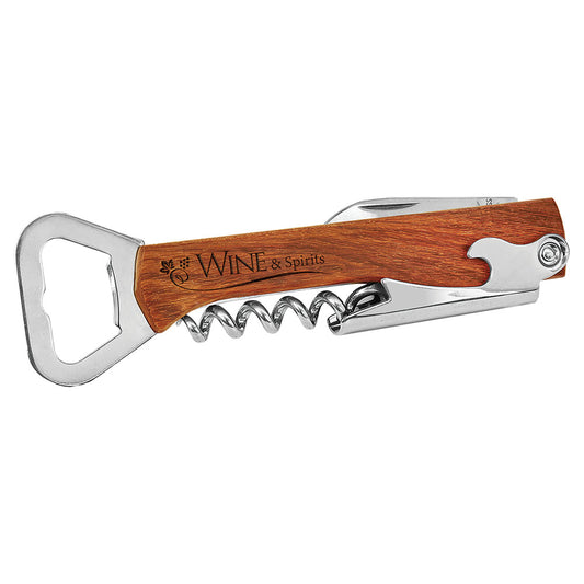 Personalized Laser Engraved 5 1/4" Wooden Bottle Opener & Corkscrew Wine Tool