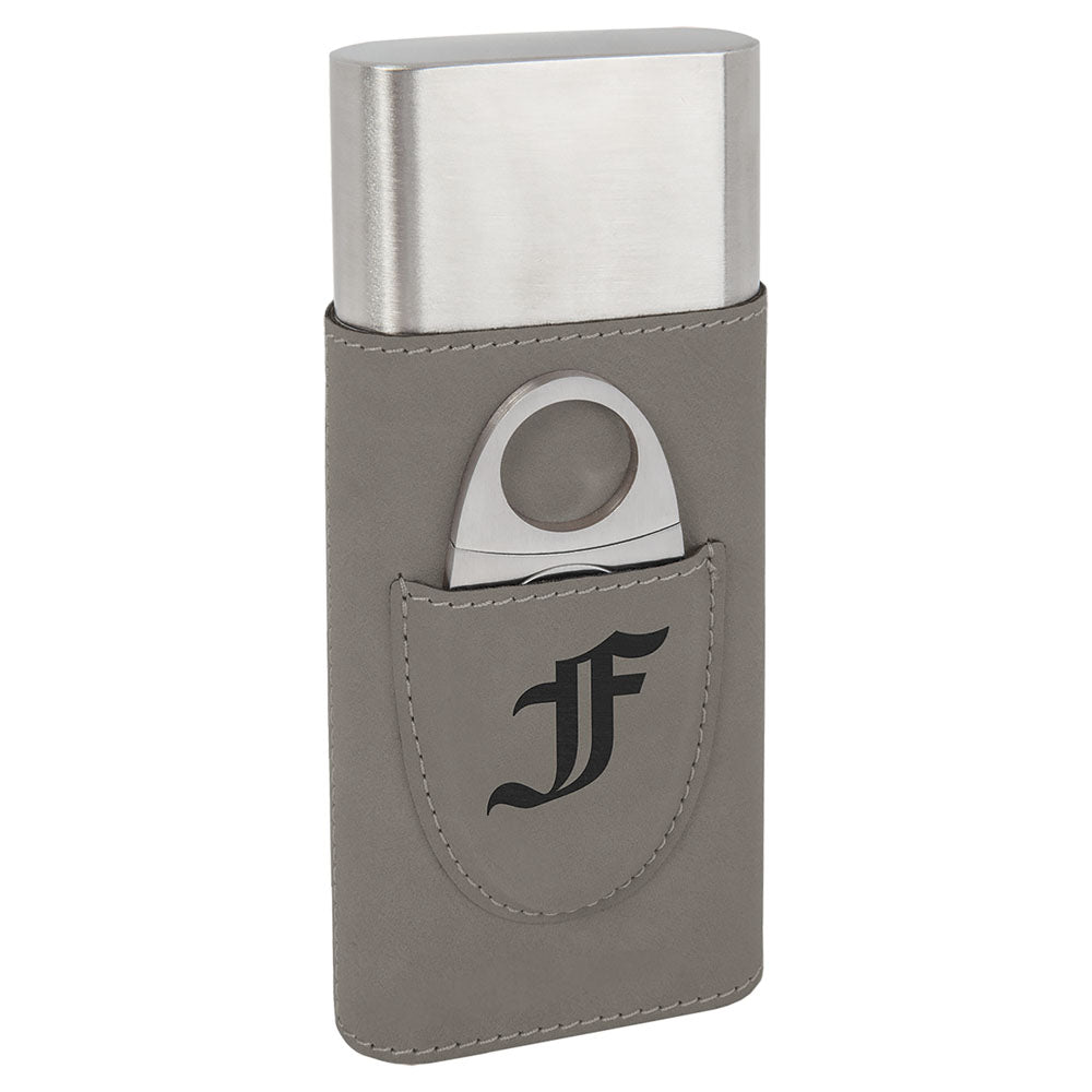 Personalized Laser Engraved Gray  Leatherette Cigar Case with Cutter