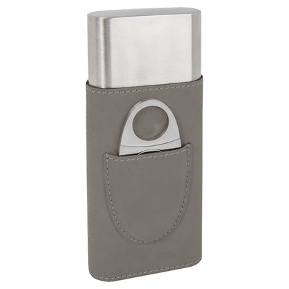 Personalized Laser Engraved Gray  Leatherette Cigar Case with Cutter