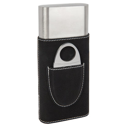 Personalized Laser Engraved Black/Silver  Leatherette Cigar Case with Cutter