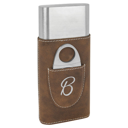 Personalized Laser Engraved Rustic/Silver  Leatherette Cigar Case with Cutter