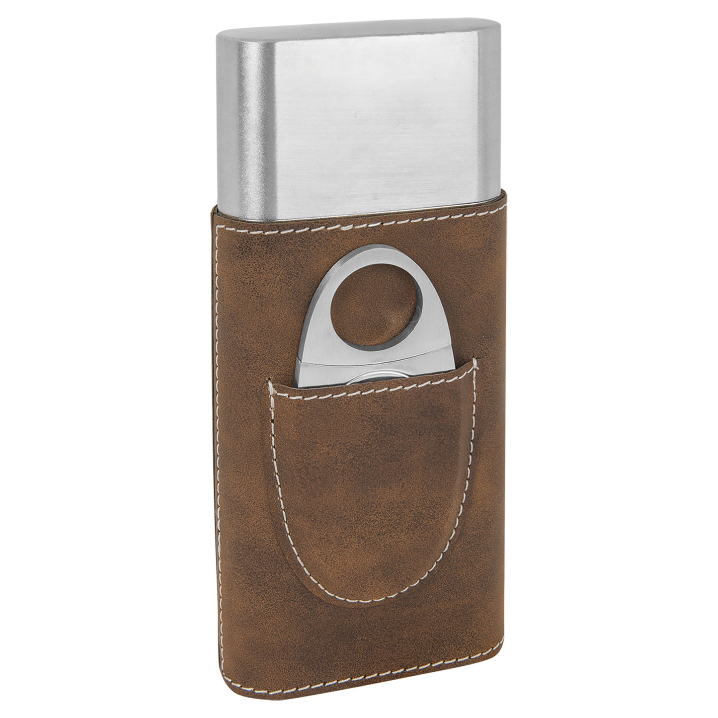 Personalized Laser Engraved Rustic/Silver  Leatherette Cigar Case with Cutter