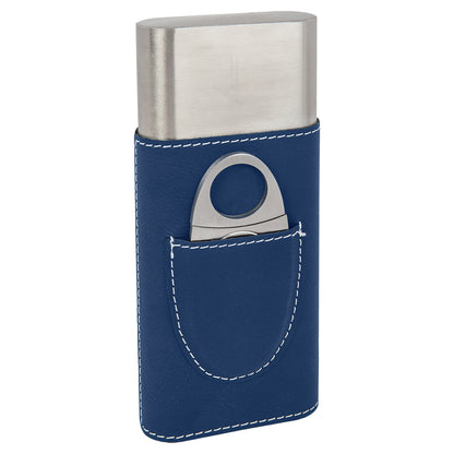 Personalized Laser Engraved Blue/Silver  Leatherette Cigar Case with Cutter