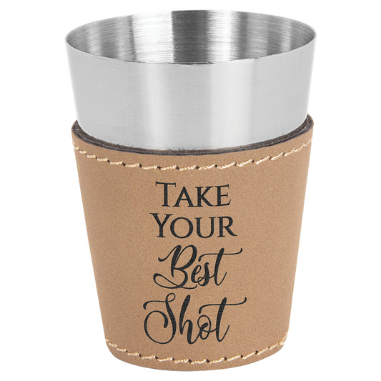 Personalized Laser Engraved  Light Brown 2 oz. Leatherette Wrapped Stainless Steel Shot Glass